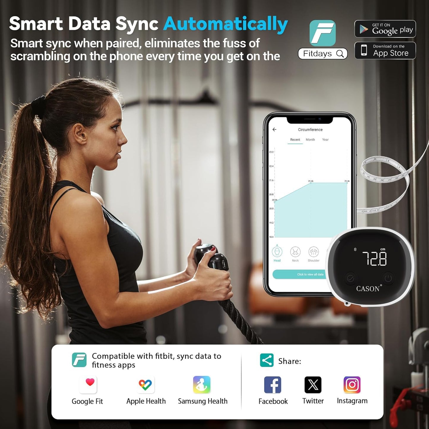 Cason Smart Digital Body Measuring Tape |Bluetooth BMI Tool,Body Fat Measurement Device With App For Fitness Graph,Auto-Retract Tape |Muscle Gain or Weight Loss Tracker for Waist/HIPS/Arms (Black)