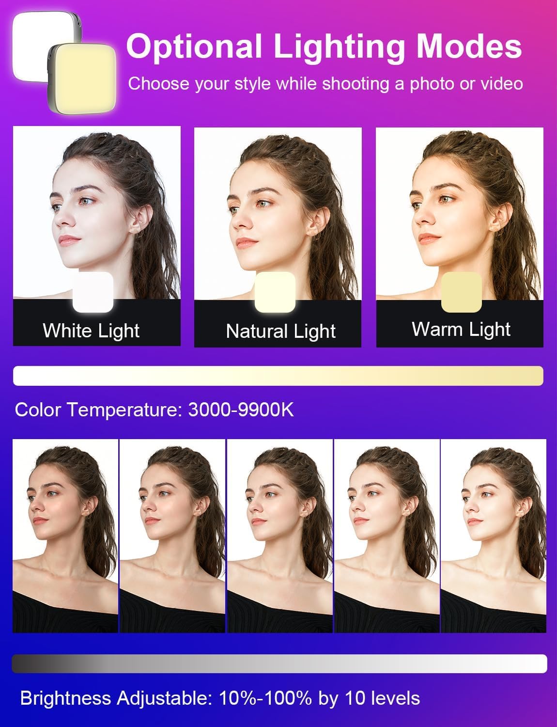 Cason Selfie Light for Mobile - Dimmable 3000-9900K Ring Light for Phone, Rechargeable LED Camera Light for Video Shooting, Laptop Light for Video Conferences (White, Warm Light)