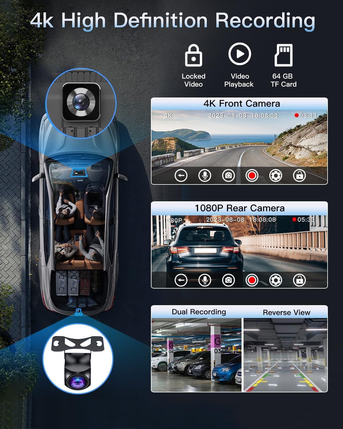 Cason 4k Dash Camera for Car with Carplay/Android System Touch Screen 10-Inch &1080P Rear Camera,Car Dash Camera Front and Rear with GPS, with Voice Control,Bluetooth for All Vehicles