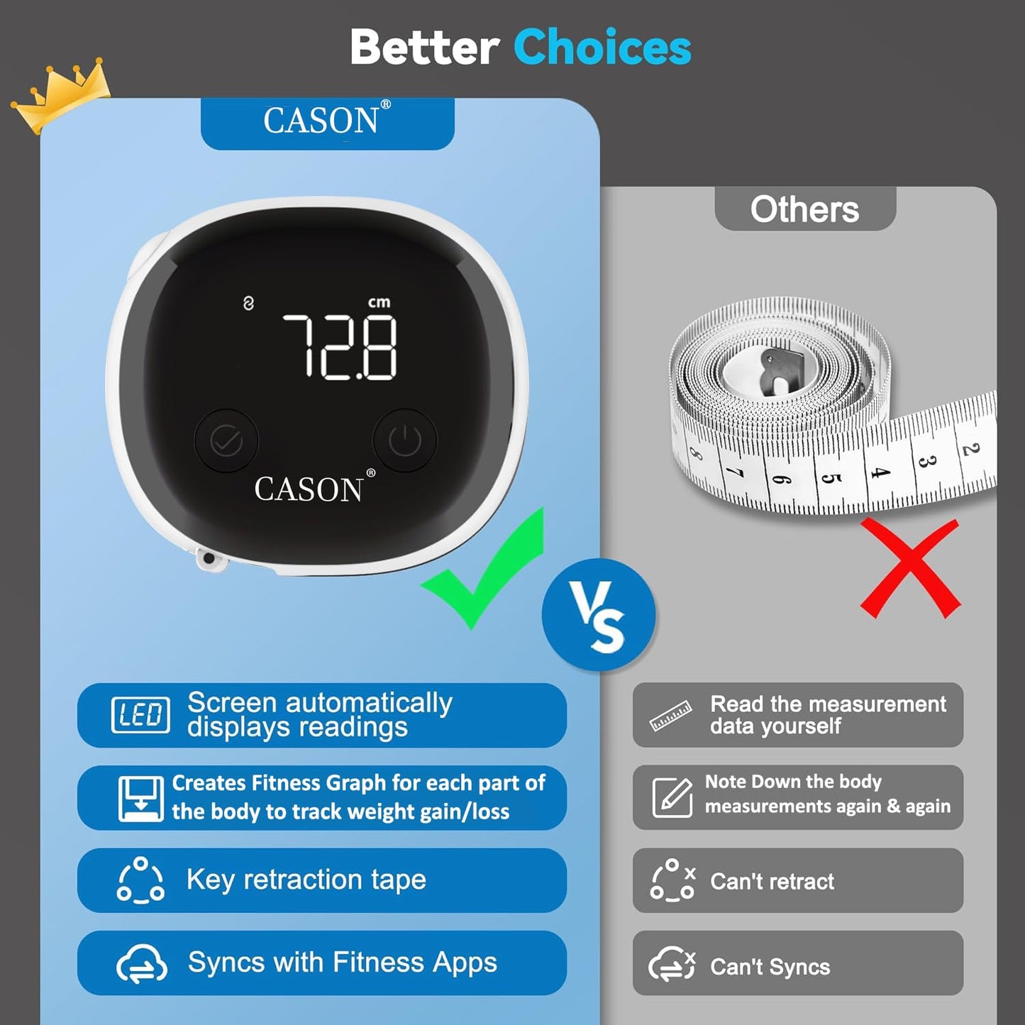 Cason Smart Digital Body Measuring Tape |Bluetooth BMI Tool,Body Fat Measurement Device With App For Fitness Graph,Auto-Retract Tape |Muscle Gain or Weight Loss Tracker for Waist/HIPS/Arms (Black)