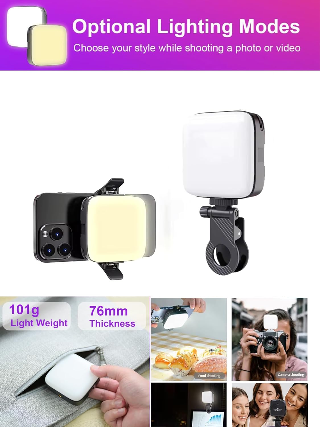 Cason Selfie Light for Mobile - Dimmable 3000-9900K Ring Light for Phone, Rechargeable LED Camera Light for Video Shooting, Laptop Light for Video Conferences (White, Warm Light)