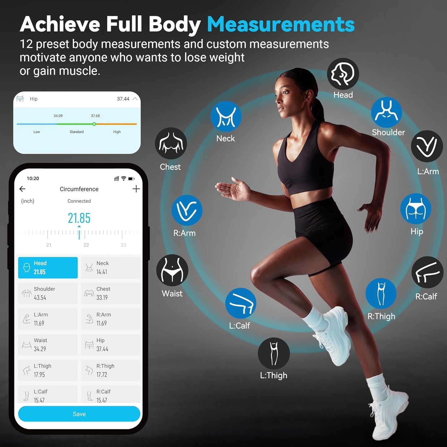 Cason Smart Digital Body Measuring Tape |Bluetooth BMI Tool,Body Fat Measurement Device With App For Fitness Graph,Auto-Retract Tape |Muscle Gain or Weight Loss Tracker for Waist/HIPS/Arms (Black)