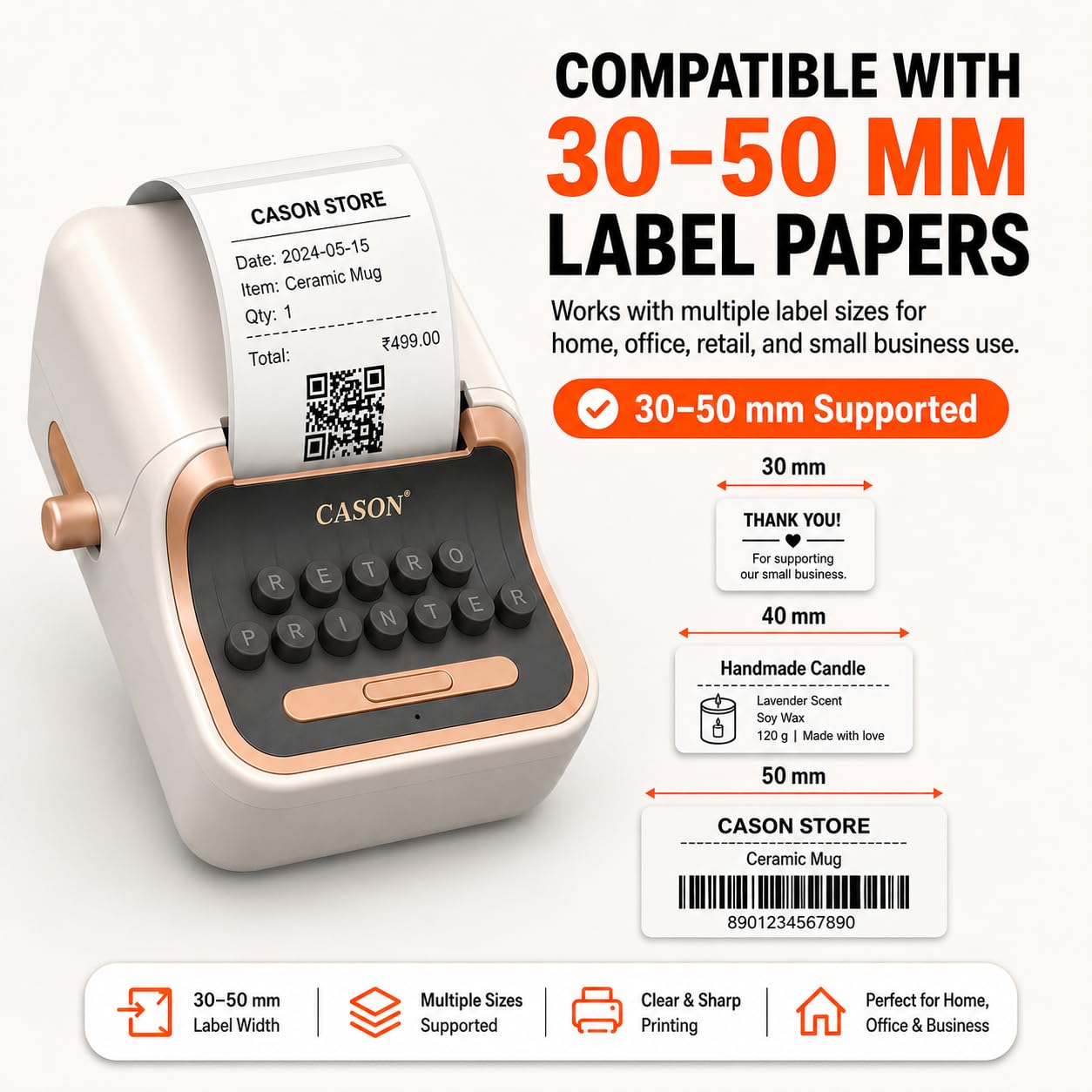 CASON Mini Label Printer Machine | Vintage Thermal Label Maker for Home, Office, Storage, Packaging & Small Business, Bottle Label Machine,30-52mm Label Adjustable Paper