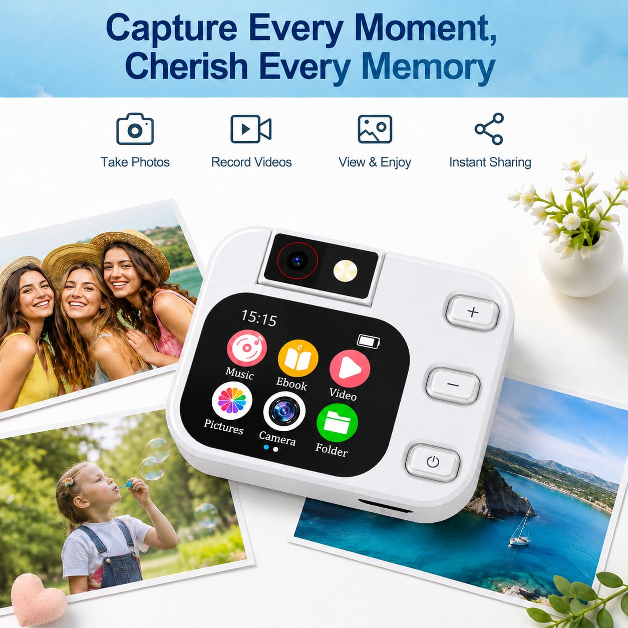 Cason Mini MP3 Music Player with Bluetooth & 180° Rotating Mini Camera,Touch Screen Audio Player with Built-in Speaker, Pocket-Sized MP3 Player with FM Radio,E-Book -Expanded Up to 128GB (White)