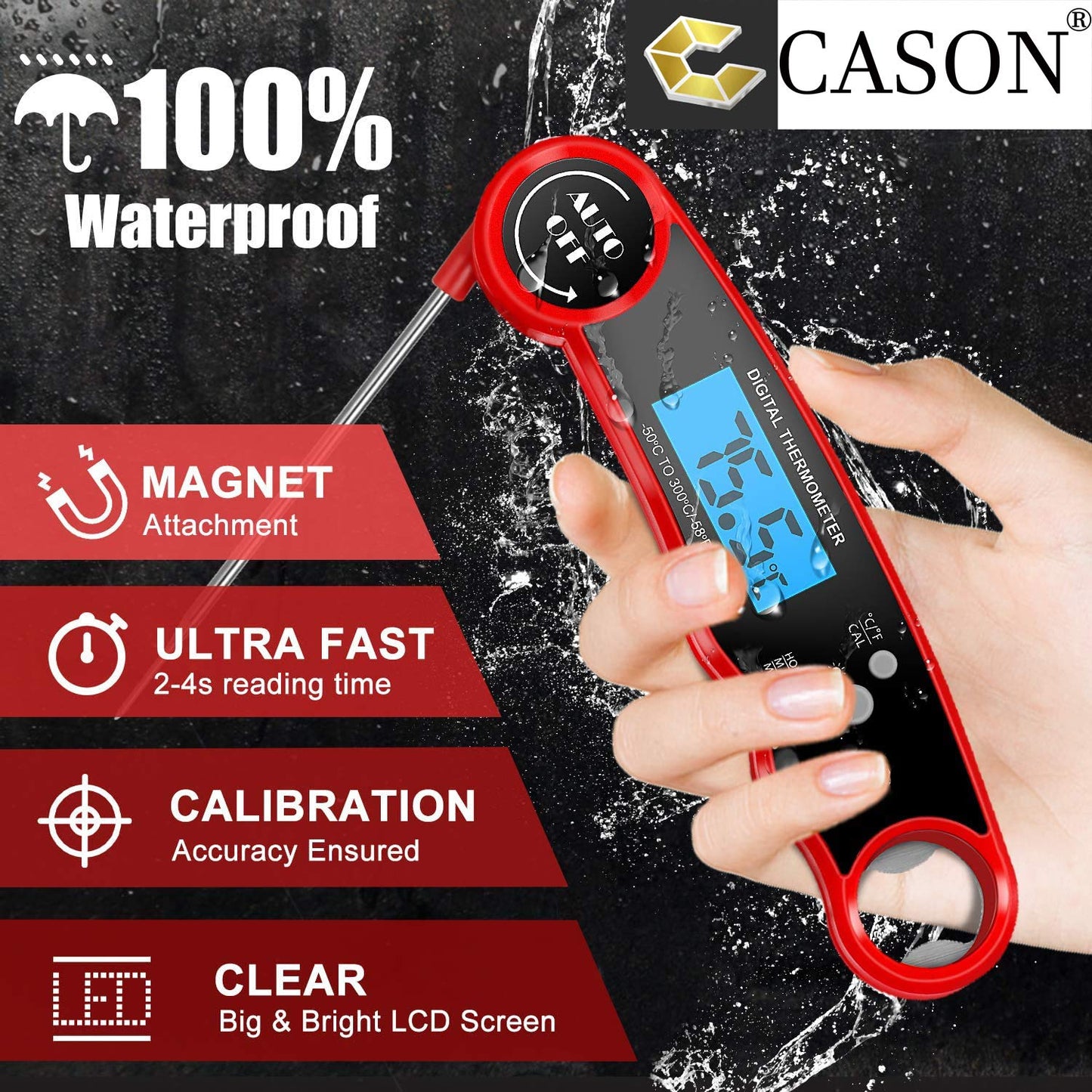 CASON (DEVICE OF C) Plastic -ABS Proffesional Waterproof Digital Lcd Cooking Food Thermometer/Kitchen Thermometer For Cooking Bbq/Barbeque Thermometer Temperature Test Pen (Red), ABS