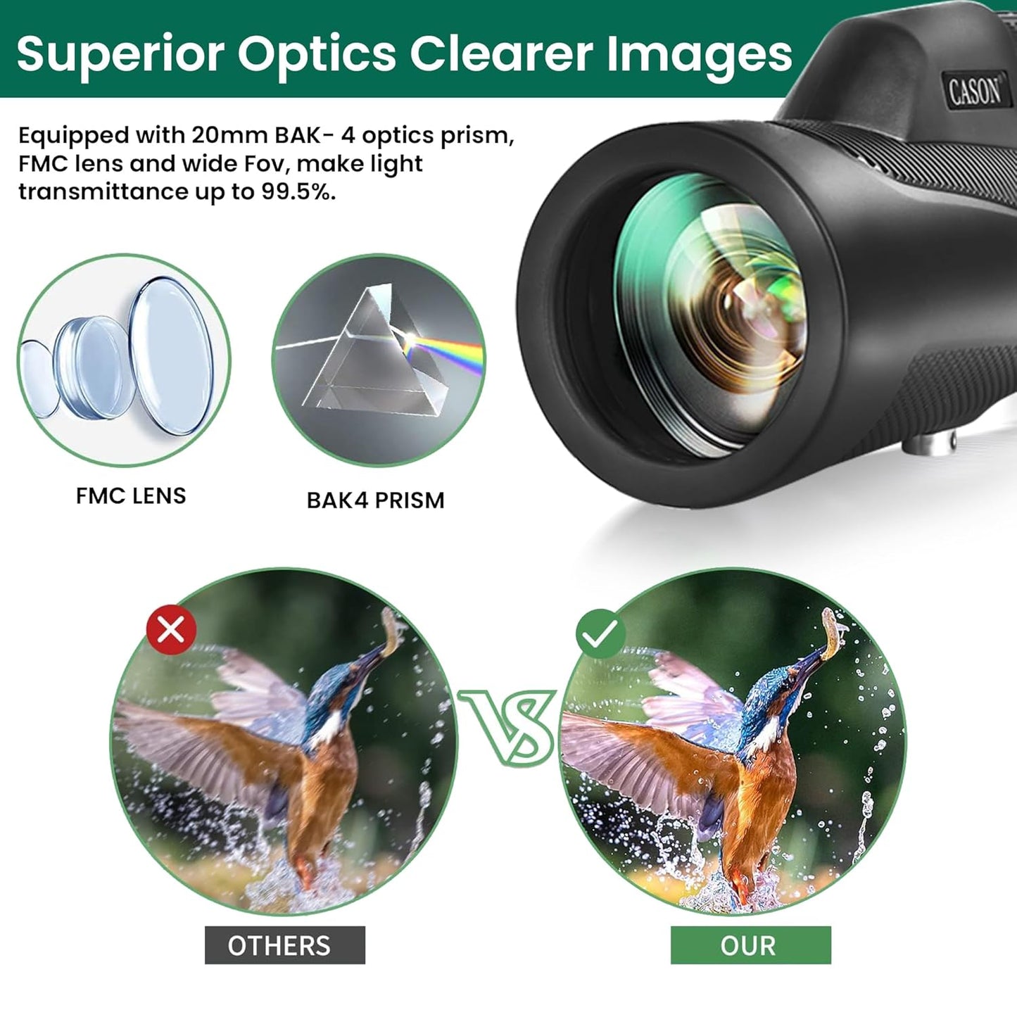 Cason -10x50 Monoculars for Long Distance,High Power Monocular Telescope for Adults & Kids with BAK4 Prism |Super Bright |FMC Lens, Suitable for Bird Watching,Outdoors,Travel(Black)