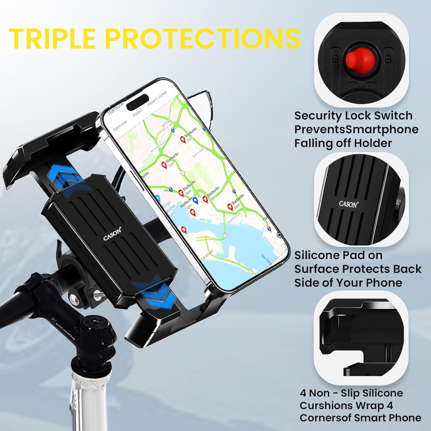 CASON -Mobile Holder for Bikes,Scooty/Cycle Phone Holder Mount,Anti-Shake Design,Switch Lock Behind,Cushioning Pads,360° Rotation for Handlebar Compatible with All Phones for Maps,GPS(Black)
