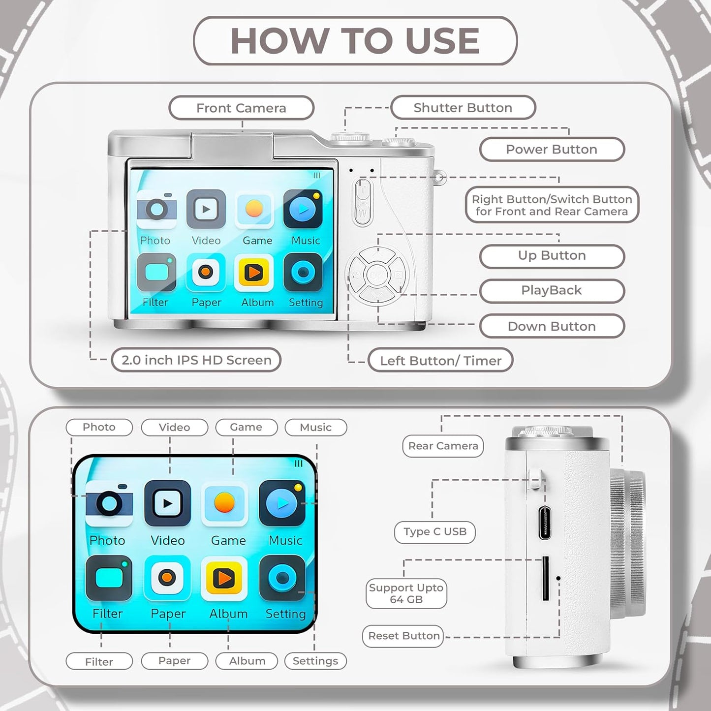 Cason 48MP Digital Camera for Kids-Real Photo & Video Mini Camera for Photography 2.4” Rotating Screen, Built in Games Kids Cameras for 5-15 Years Girls & Boys(Upto 64GB Memory)