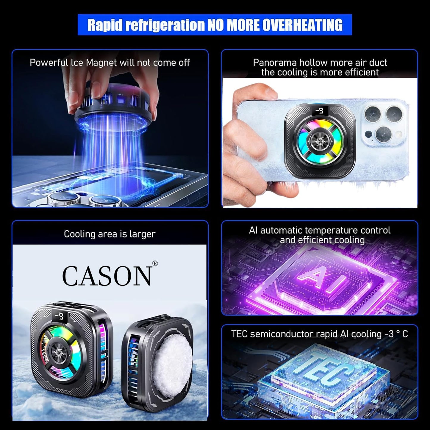 Cason Phone Cooler for Gaming – MagSafe + Clamp Mounting| Mobile Cooling Fan for iPhone & Android with RGB Light & Semi conductor|Reaches -9°C |Dual Mode Mobile Gaming Cooler with Temperature Display