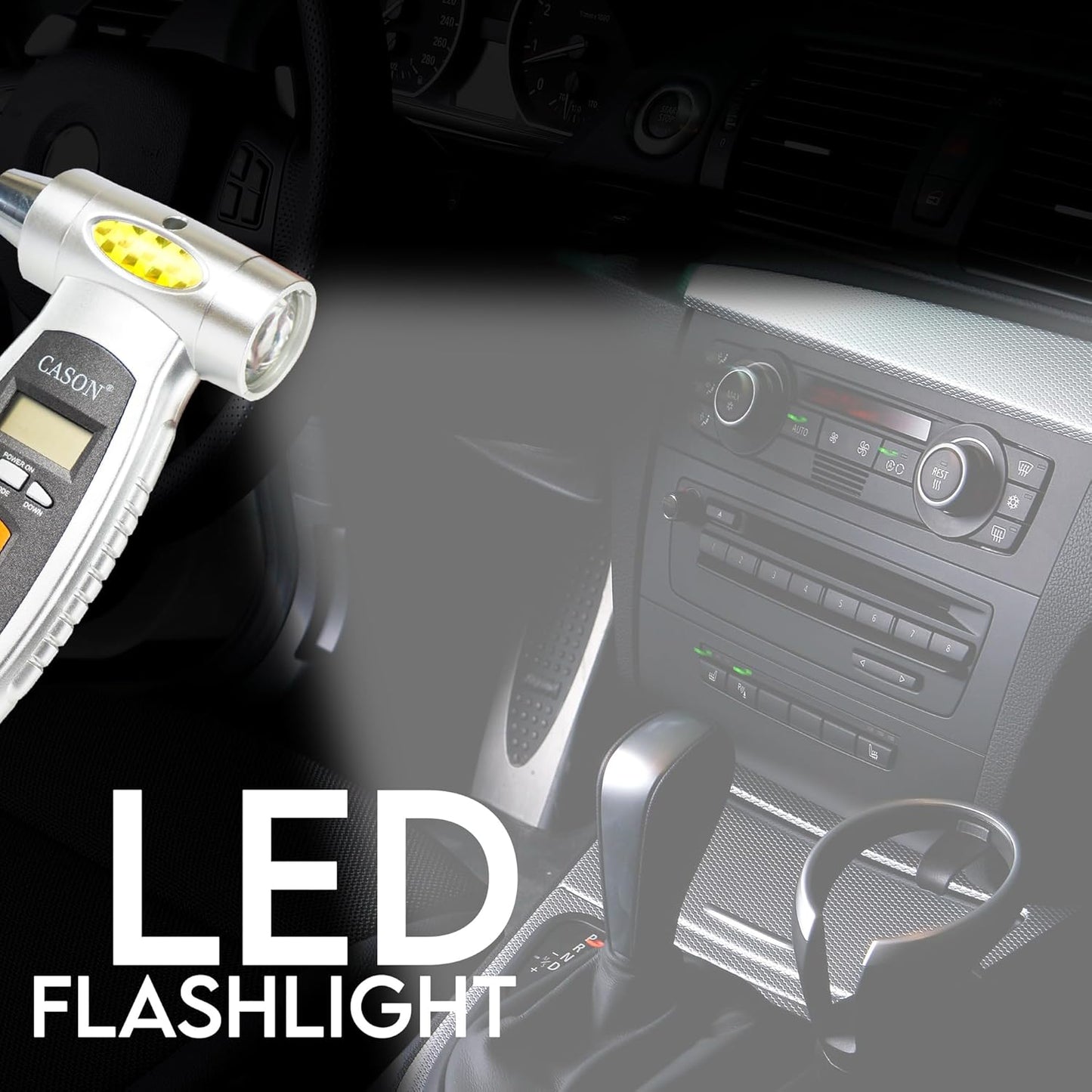 Cason 4 in 1 Digital Tyre Pressure Gauge With Car Window Hammer, Seat belt Cutter, Flashlight| Tyre pressure monitoring for Real-Time Readings