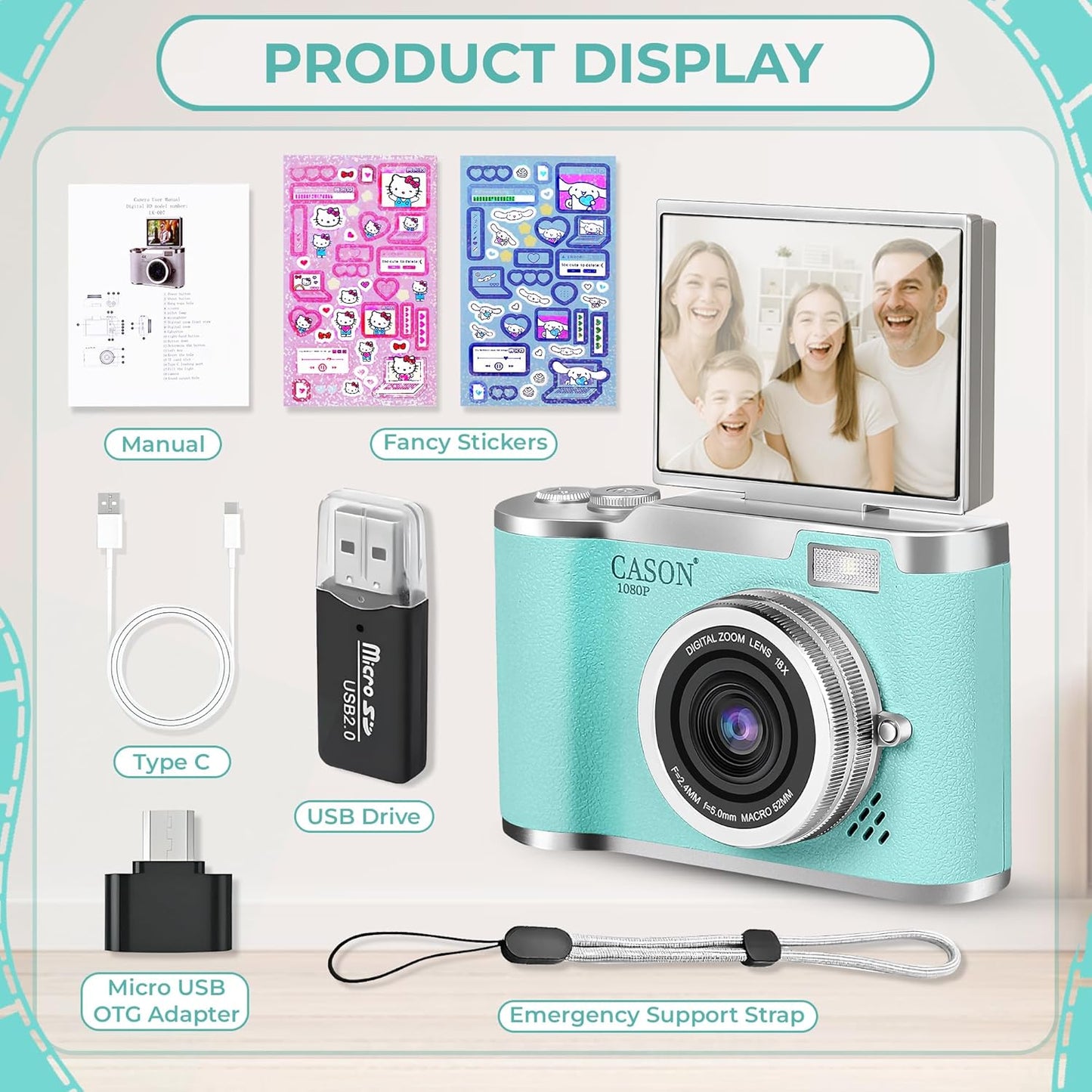 Cason 48MP Digital Camera for Kids-Real Photo & Video Mini Camera for Photography 2.4” Rotating Screen, Built in Games Kids Cameras for 5-15 Years Girls & Boys(Supports Upto 64GB Memory) Visit the CASON Store