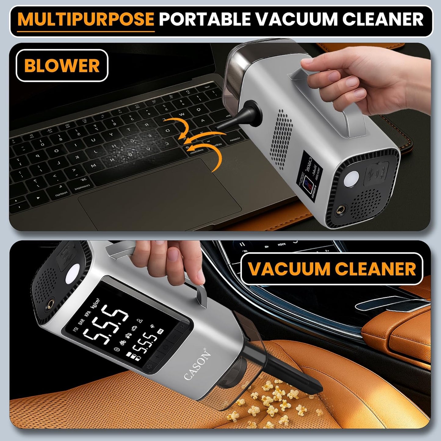 CASON 6 in 1 Tyre Inflator for Car,Bike with Car Battery Jump Starter,Vaccum Cleaner & Power Bank,3X Faster Inflation Air Inflator Pump(10,000 mAH)(Grey), 23 Liters Per Minute