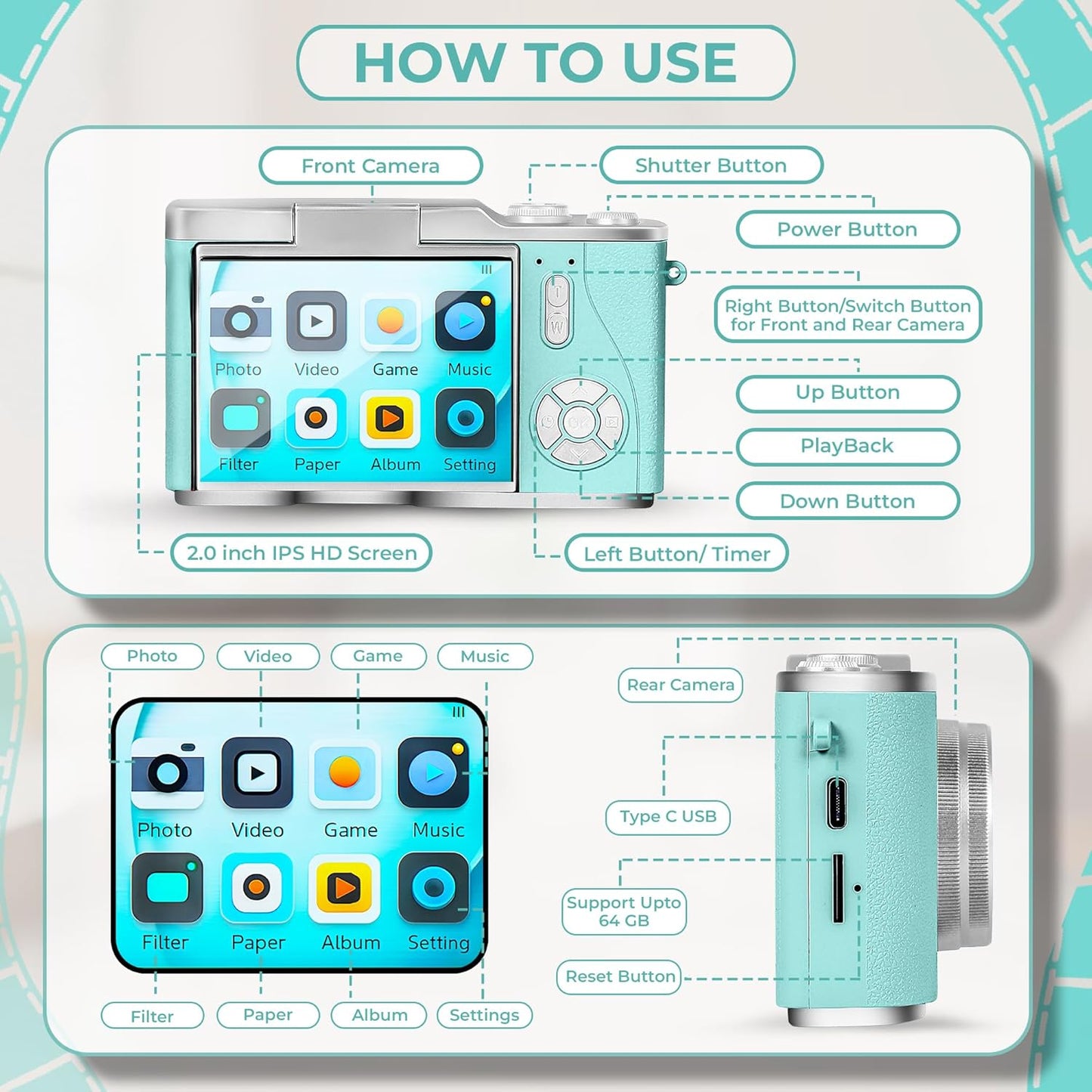 Cason 48MP Digital Camera for Kids-Real Photo & Video Mini Camera for Photography 2.4” Rotating Screen, Built in Games Kids Cameras for 5-15 Years Girls & Boys(Upto 64GB Memory)