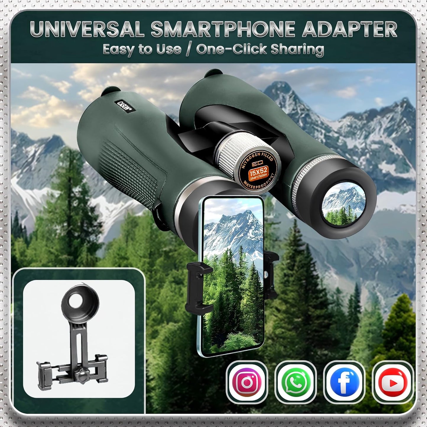 Cason ED Glass- 15 X 52 Binoculars for Long Distance,Binoculars for Bird Watching,Wildlife with Phone Adapter | Mettalic Knobs | Nitrogen Filled | Range 3000 Meter | BAK 4 Glass (Green)
