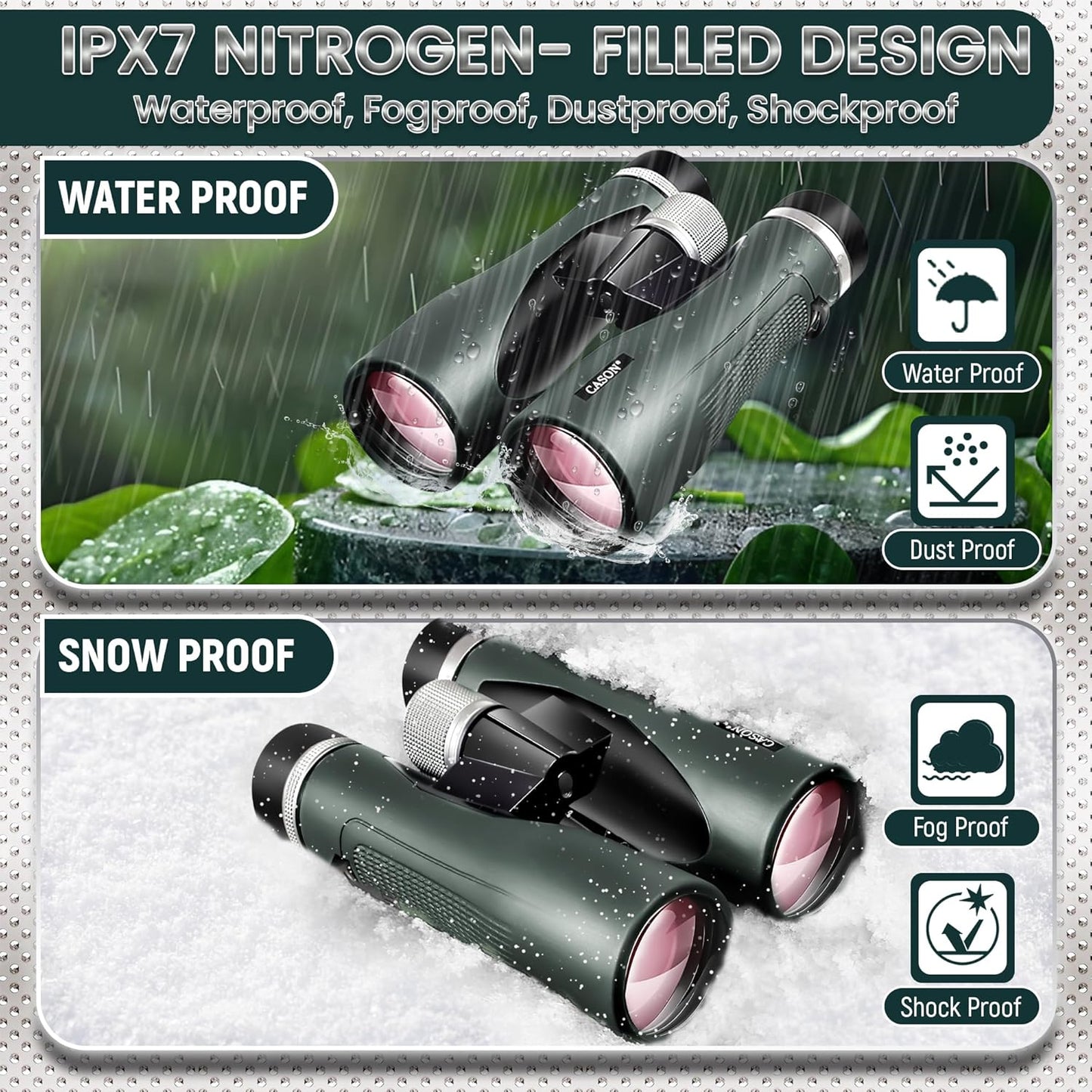 Cason ED Glass- 15 X 52 Binoculars for Long Distance,Binoculars for Bird Watching,Wildlife with Phone Adapter | Mettalic Knobs | Nitrogen Filled | Range 3000 Meter | BAK 4 Glass (Green)