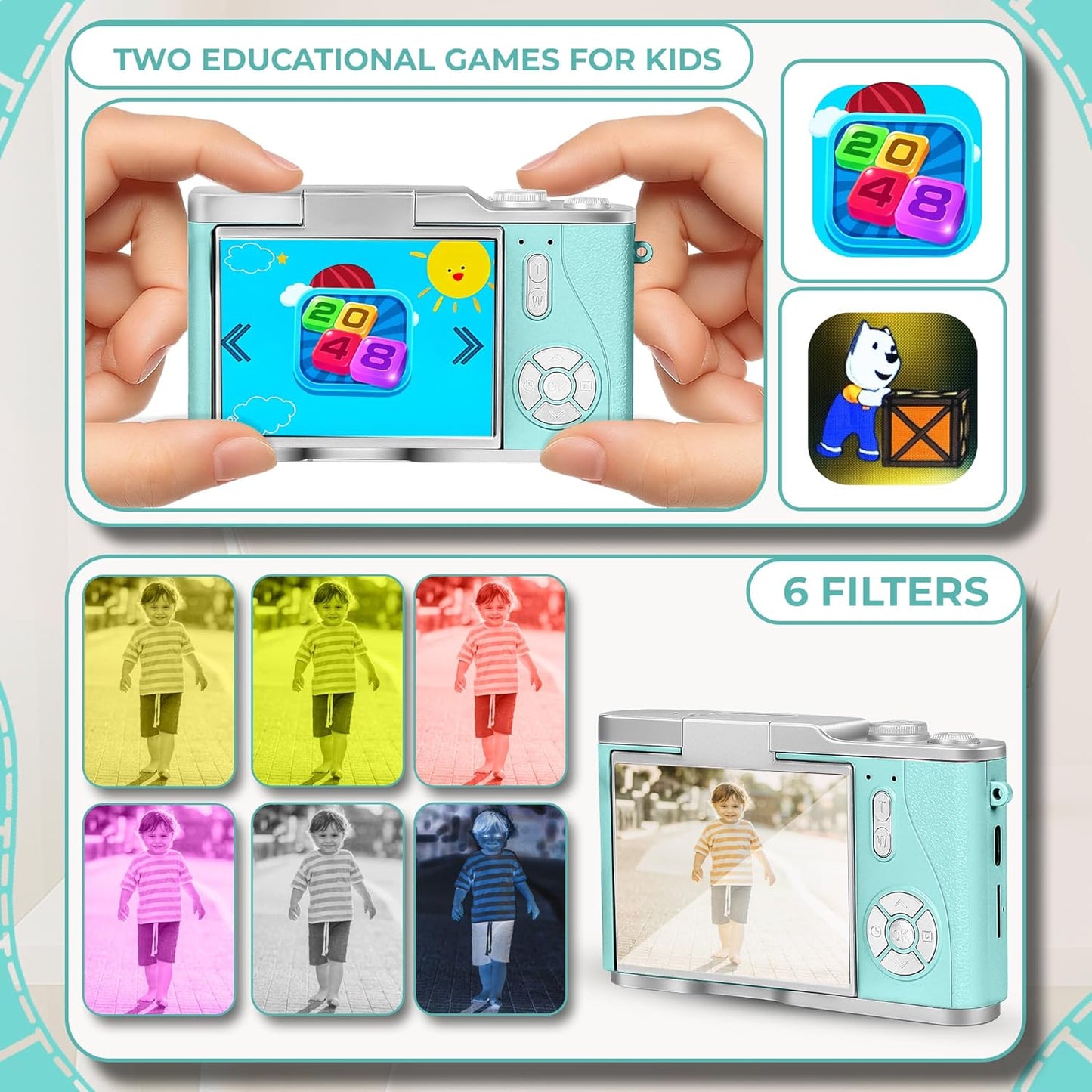 Cason 48MP Digital Camera for Kids-Real Photo & Video Mini Camera for Photography 2.4” Rotating Screen, Built in Games Kids Cameras for 5-15 Years Girls & Boys(Upto 64GB Memory)