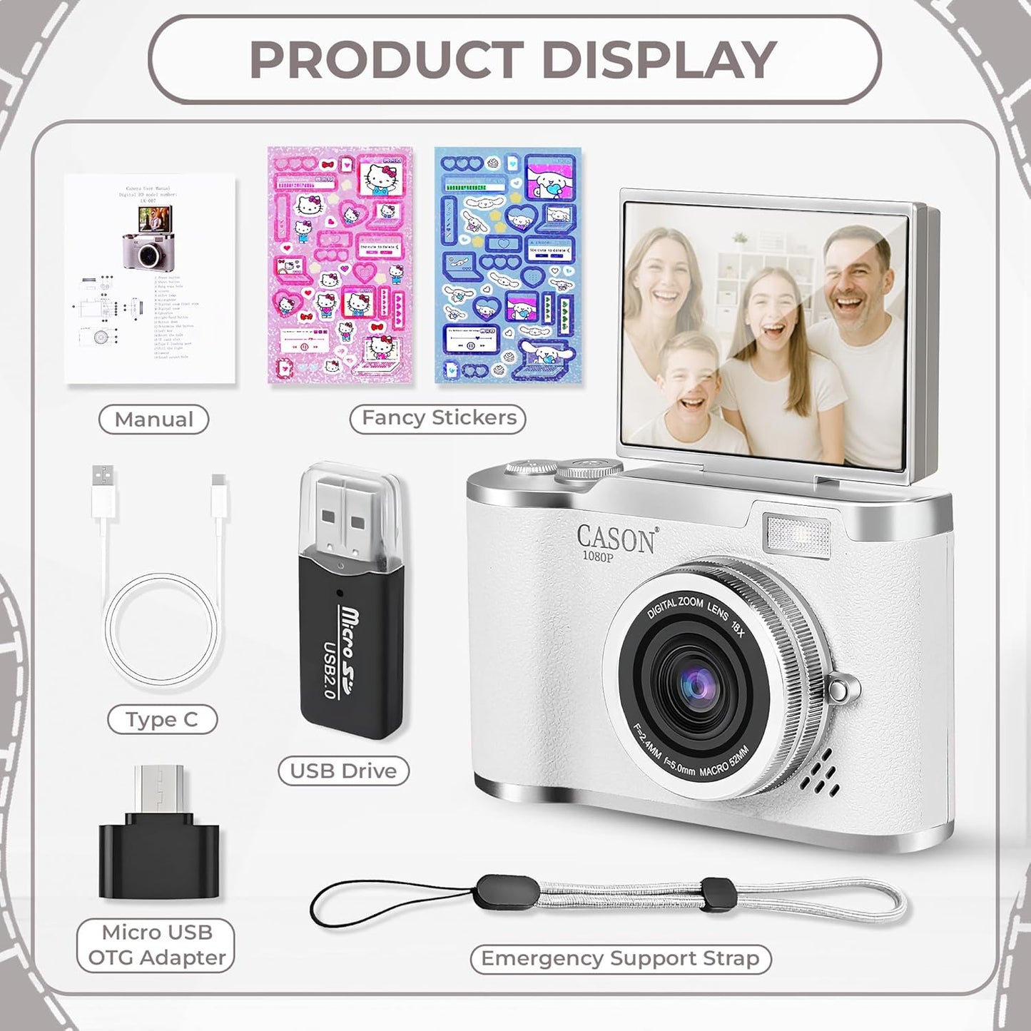 Cason 48MP Digital Camera for Kids-Real Photo & Video Mini Camera for Photography 2.4” Rotating Screen, Built in Games Kids Cameras for 5-15 Years Girls & Boys(Upto 64GB Memory)