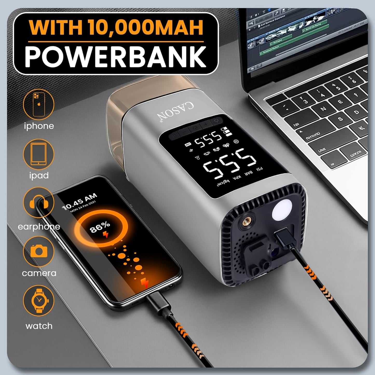 CASON 6 in 1 Tyre Inflator for Car,Bike with Car Battery Jump Starter,Vaccum Cleaner & Power Bank,3X Faster Inflation Air Inflator Pump(10,000 mAH)(Grey), 23 Liters Per Minute