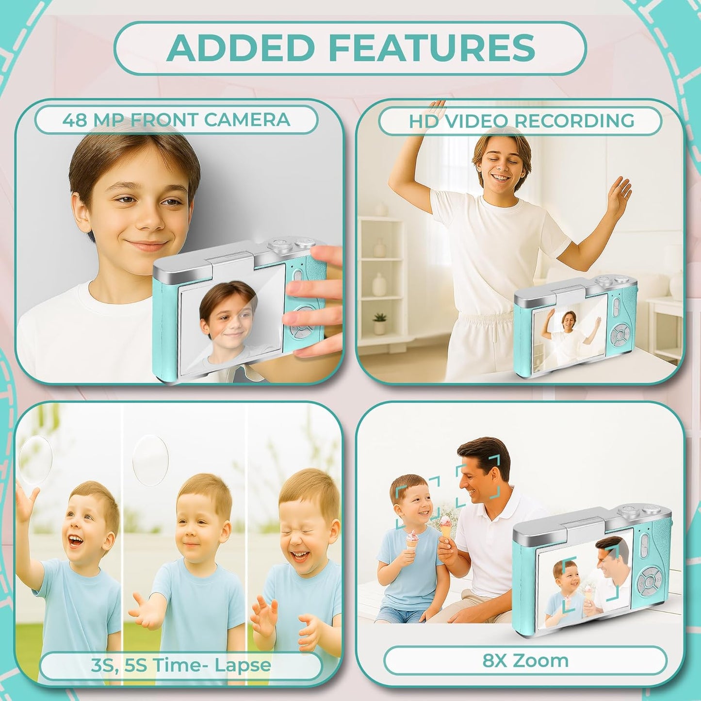 Cason 48MP Digital Camera for Kids-Real Photo & Video Mini Camera for Photography 2.4” Rotating Screen, Built in Games Kids Cameras for 5-15 Years Girls & Boys(Upto 64GB Memory)