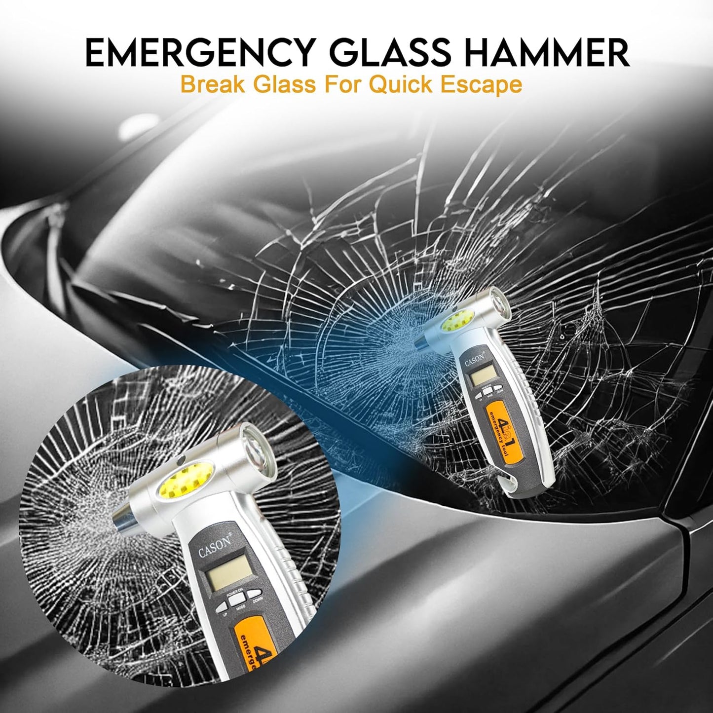 Cason 4 in 1 Digital Tyre Pressure Gauge With Car Window Hammer, Seat belt Cutter, Flashlight| Tyre pressure monitoring for Real-Time Readings