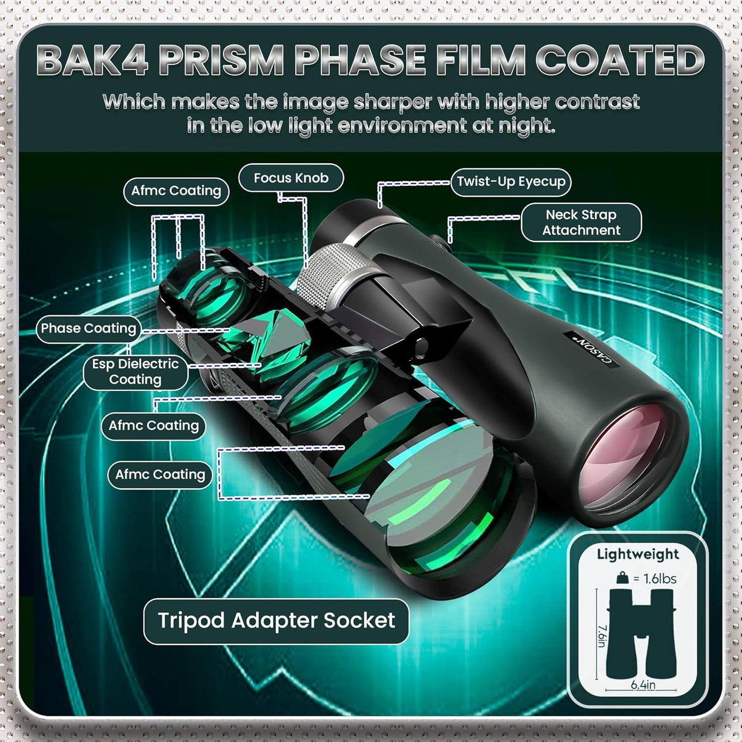 Cason ED Glass- 15 X 52 Binoculars for Long Distance,Binoculars for Bird Watching,Wildlife with Phone Adapter | Mettalic Knobs | Nitrogen Filled | Range 3000 Meter | BAK 4 Glass (Green)
