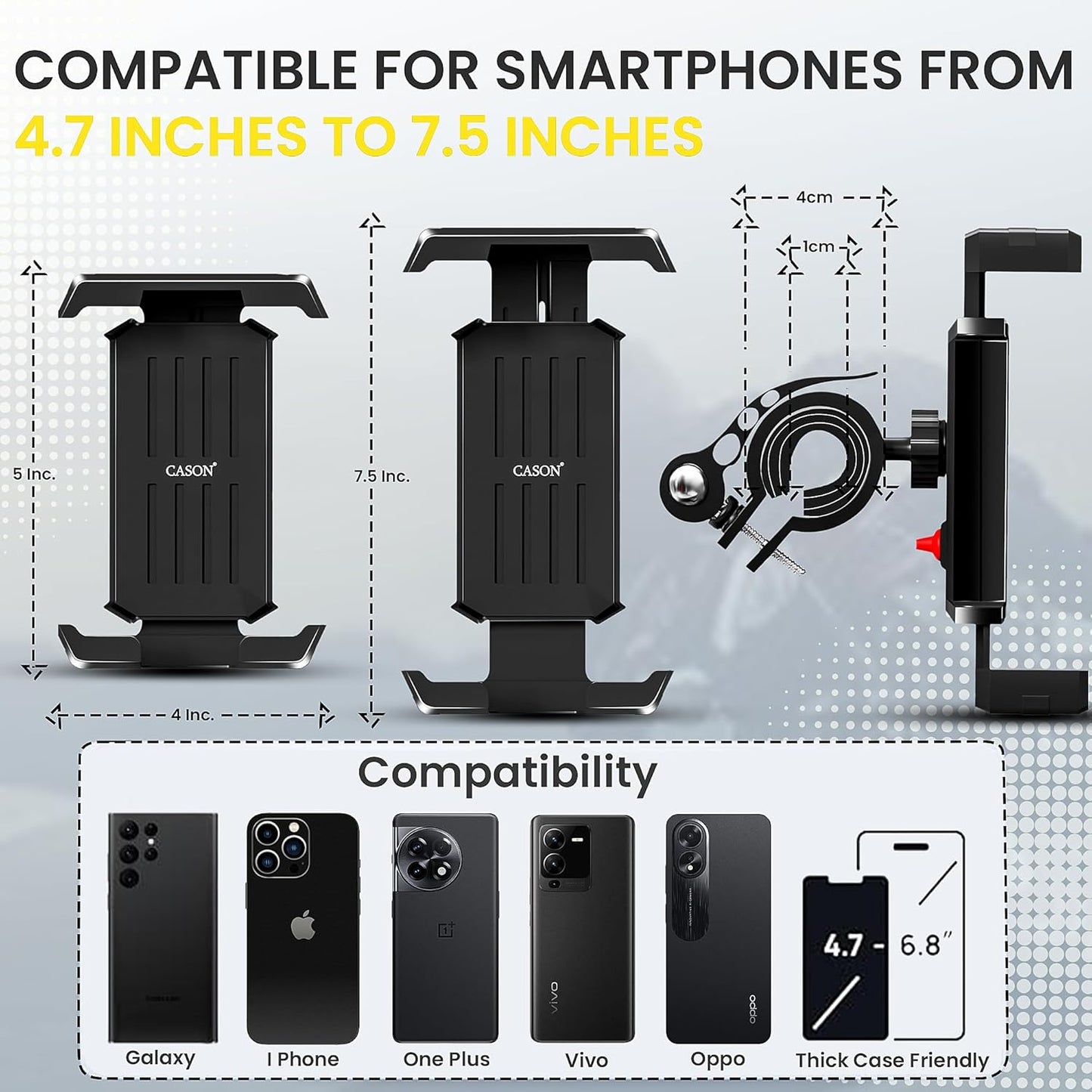 CASON -Mobile Holder for Bikes,Scooty/Cycle Phone Holder Mount,Anti-Shake Design,Switch Lock Behind,Cushioning Pads,360° Rotation for Handlebar Compatible with All Phones for Maps,GPS(Black)