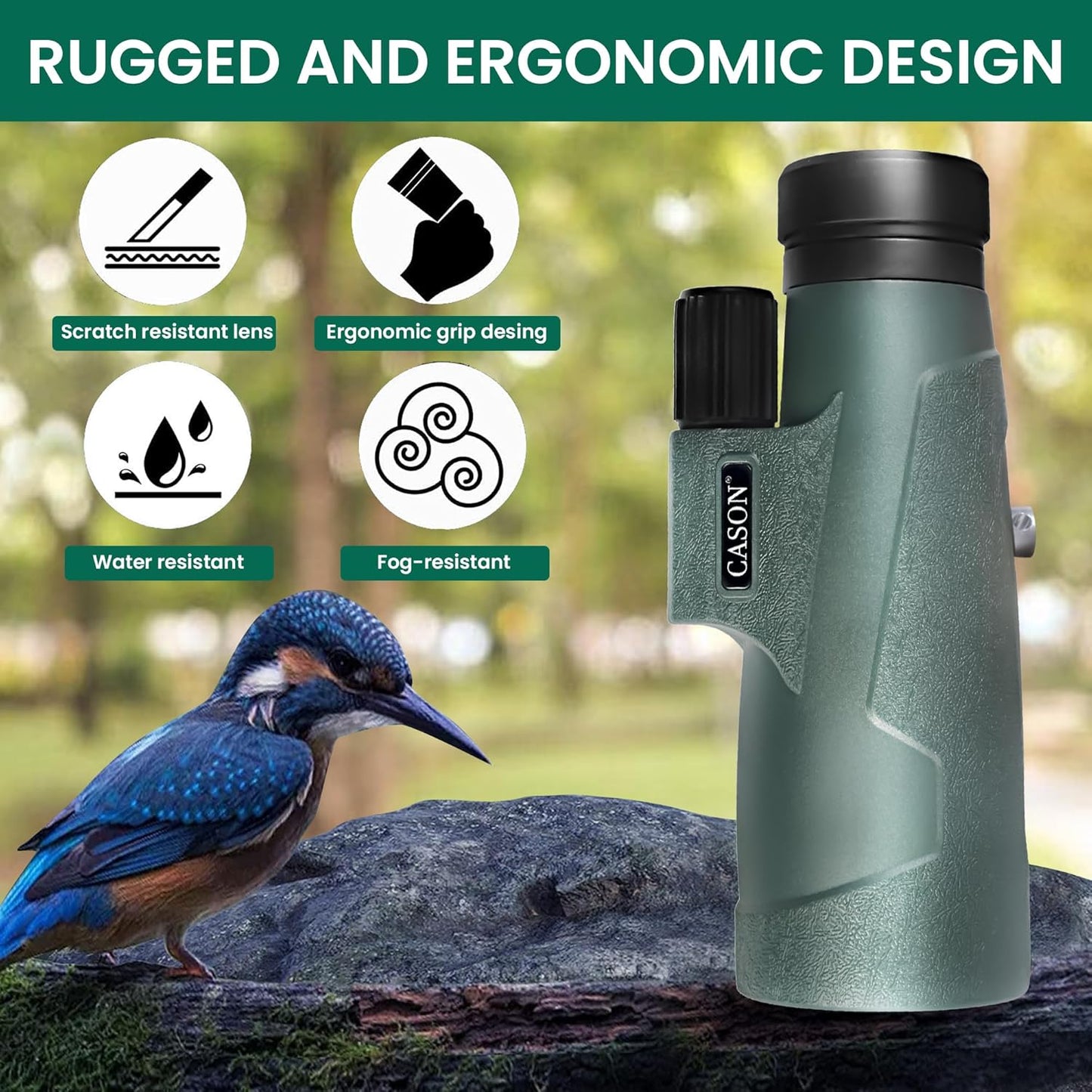 Cason -12x50 Monoculars For Long Distance,High Power Monocular Telescope For Adults & Kids With Phone Adapter,Tripod & Carry Bag With BAK4 Prism,FMC Lens,Suitable for Bird Watching,Travel(Black-Green)