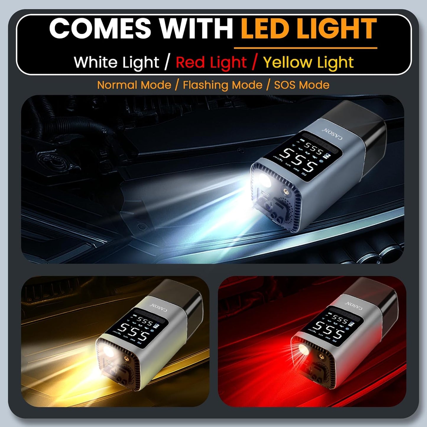 CASON 6 in 1 Tyre Inflator for Car,Bike with Car Battery Jump Starter,Vaccum Cleaner & Power Bank,3X Faster Inflation Air Inflator Pump(10,000 mAH)(Grey), 23 Liters Per Minute