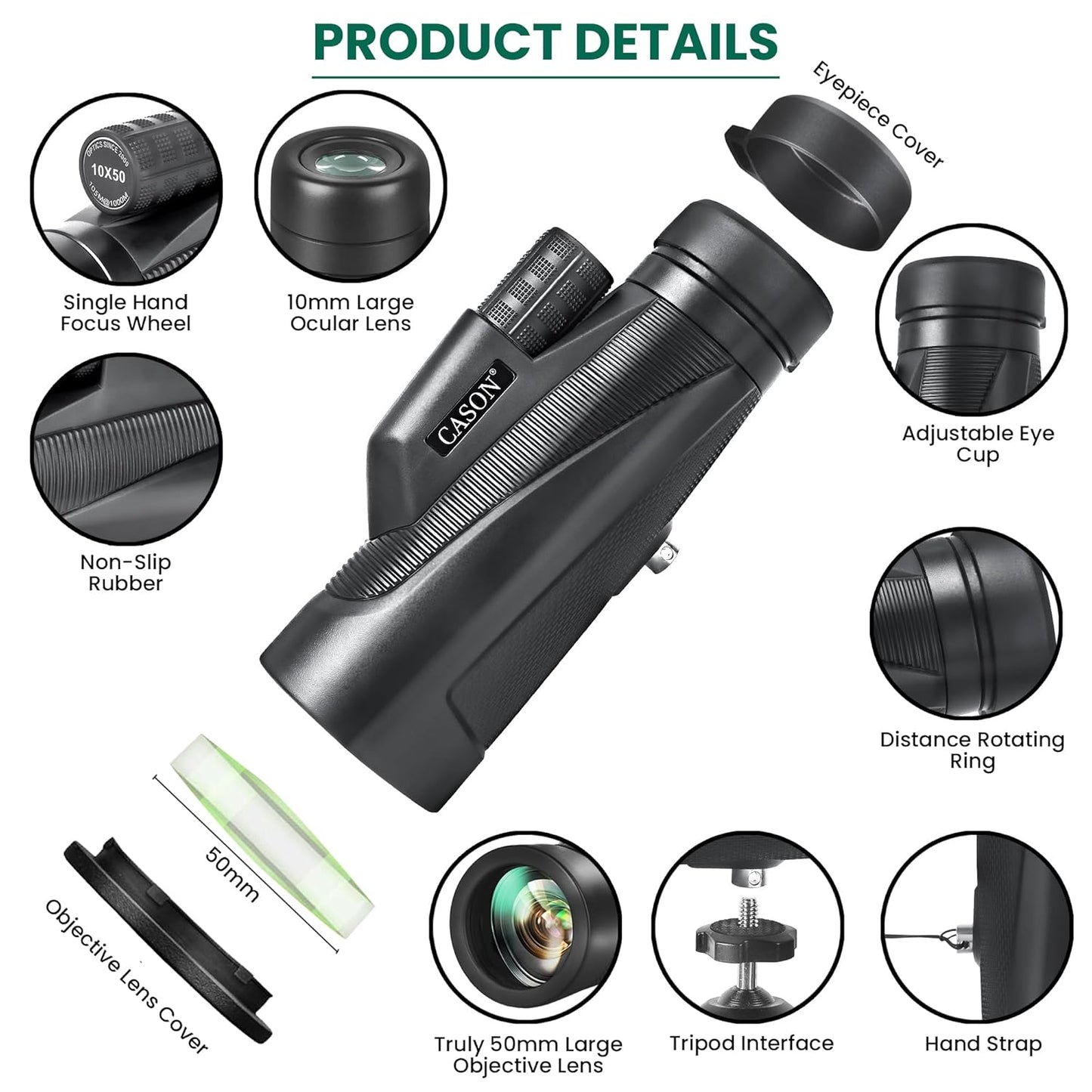 Cason -10x50 Monoculars for Long Distance,High Power Monocular Telescope for Adults & Kids with BAK4 Prism |Super Bright |FMC Lens, Suitable for Bird Watching,Outdoors,Travel(Black)