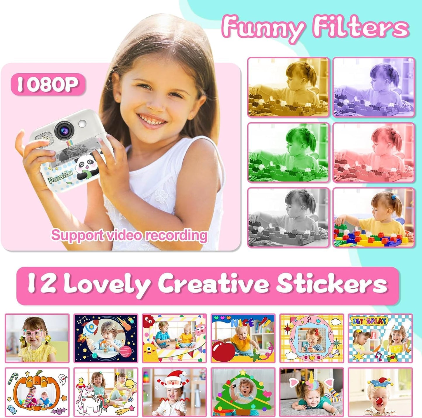 Cason Instant Camera for Kids with Print,1080P HD Instant Photo Camera with Games,3 Print Rolls,Fun Filters for Creativity for 5-15 Years Kids Upto 32GB