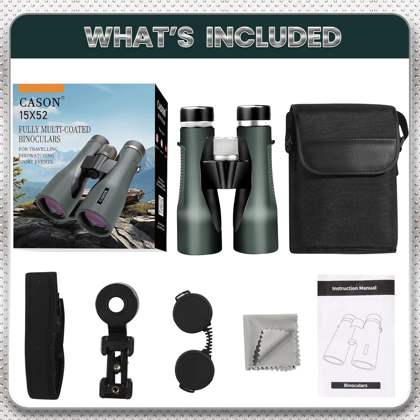 Cason ED Glass- 15 X 52 Binoculars for Long Distance,Binoculars for Bird Watching,Wildlife with Phone Adapter | Mettalic Knobs | Nitrogen Filled | Range 3000 Meter | BAK 4 Glass (Green)
