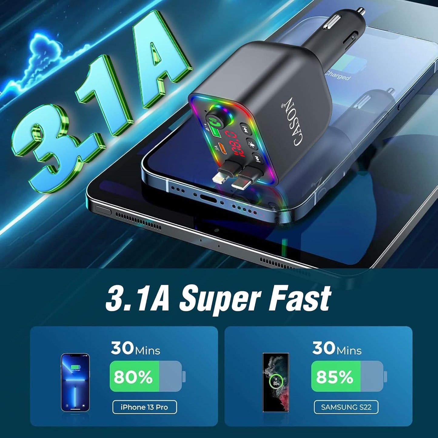 Cason Car Charger 120W Type-C Fast Charging with Bluetooth FM Transmitter- 4-in-1 Retractable Car Mobile Charger Cable with 2 USB Port, with LED Display for iPhone, Android Smartphone (Retractable)