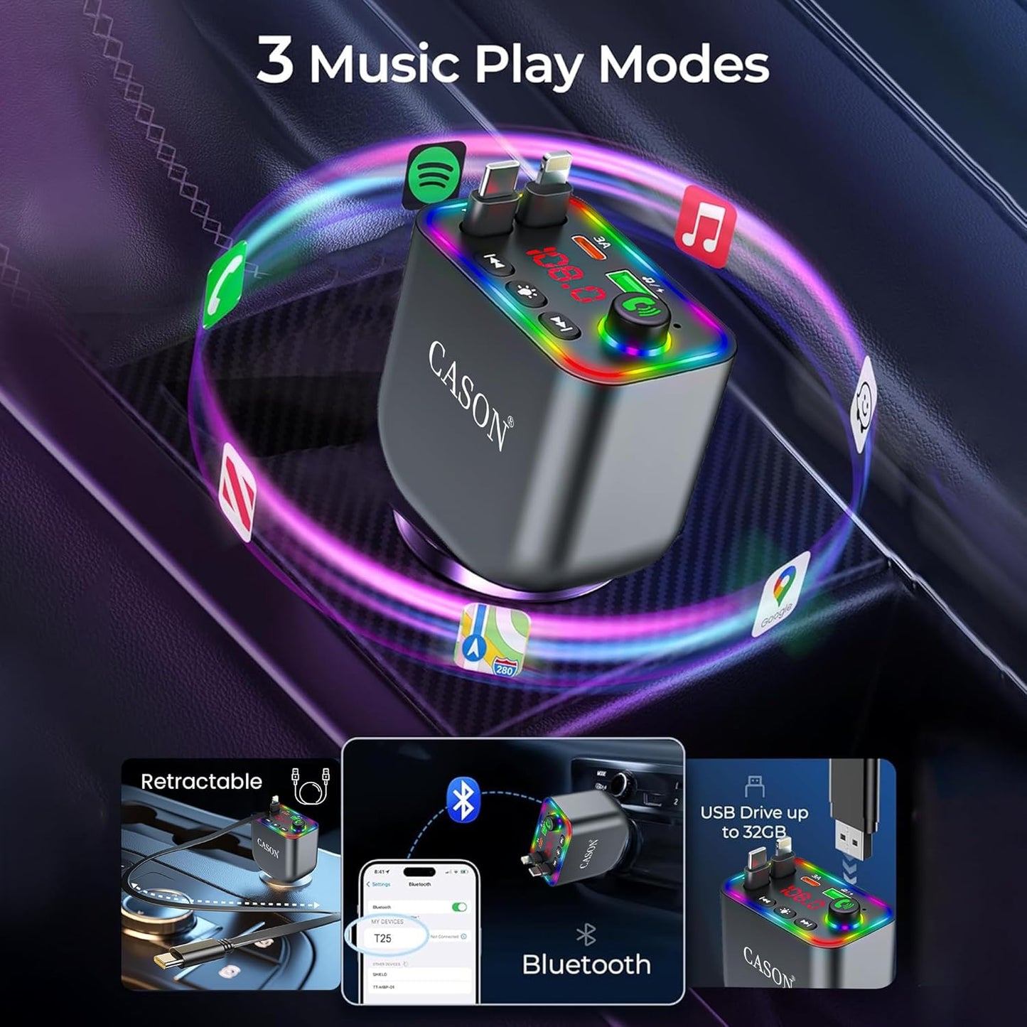 Cason Car Charger 120W Type-C Fast Charging with Bluetooth FM Transmitter- 4-in-1 Retractable Car Mobile Charger Cable with 2 USB Port, with LED Display for iPhone, Android Smartphone (Retractable)