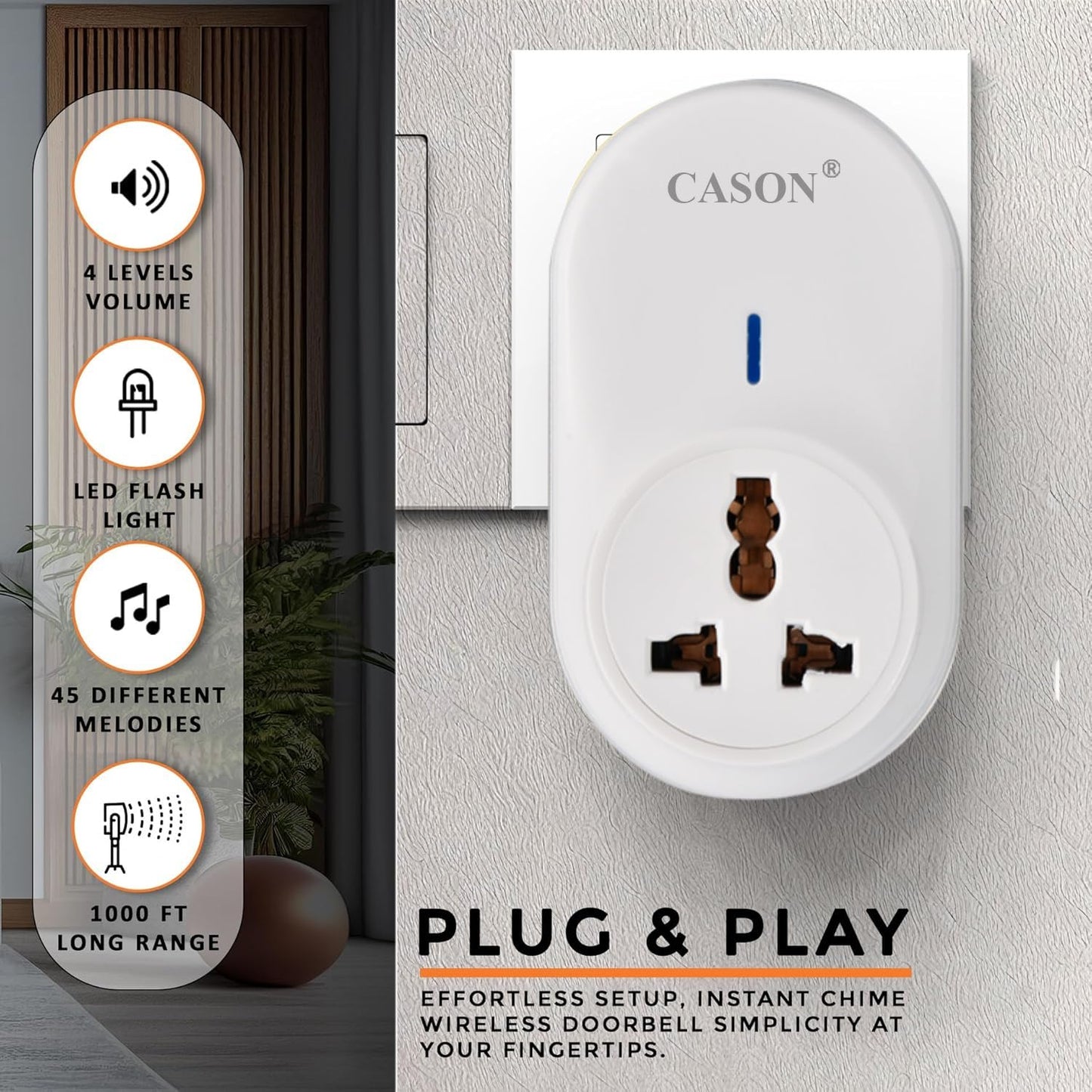 CASON - Self-Powered Battery Free Wireless Door Bell for Home Long Range/Wireless Calling Bell,Remote Bell With Socket Plug In type,up to 1000ft Range (White)