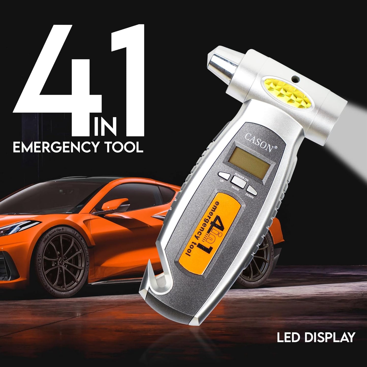 Cason 4 in 1 Digital Tyre Pressure Gauge With Car Window Hammer, Seat belt Cutter, Flashlight| Tyre pressure monitoring for Real-Time Readings