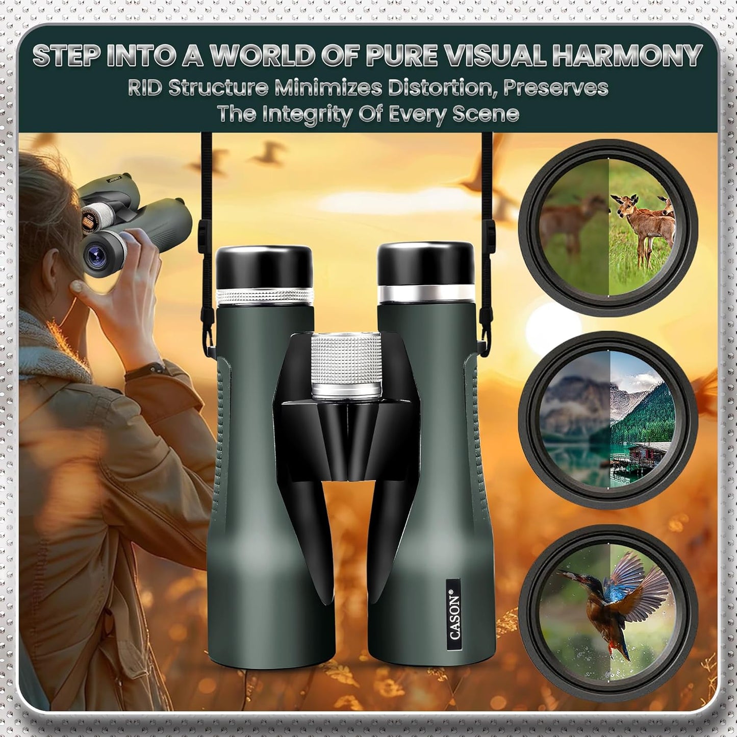 Cason ED Glass- 15 X 52 Binoculars for Long Distance,Binoculars for Bird Watching,Wildlife with Phone Adapter | Mettalic Knobs | Nitrogen Filled | Range 3000 Meter | BAK 4 Glass (Green)