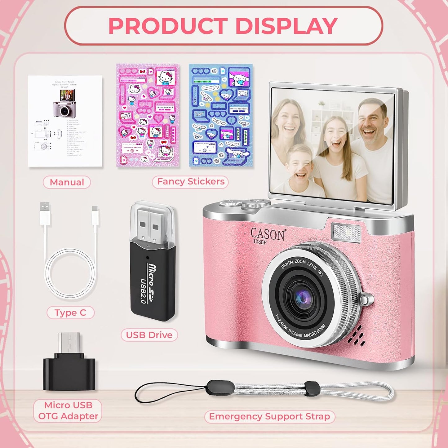 Cason 48MP Digital Camera for Kids-Real Photo & Video Mini Camera for Photography 2.4” Rotating Screen, Built in Games Kids Cameras for 5-15 Years Girls & Boys(Supports Upto 64GB Memory) Visit the CASON Store
