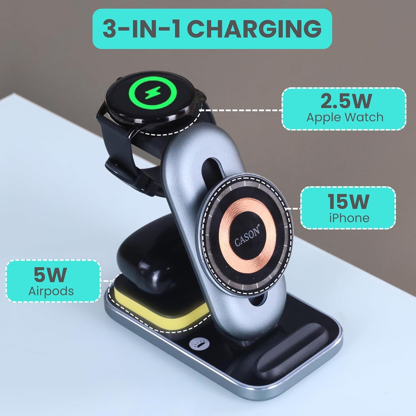 Cason 23W Certified Qi2 Wireless Charger for iPhone,Magnetic 3 in 1 Mag Safe Wireless Charging Pad/Stand,Fast Charging Dock for iPhone 13,14,15,16 & S23,S24 Ultra (Mettalic Grey)