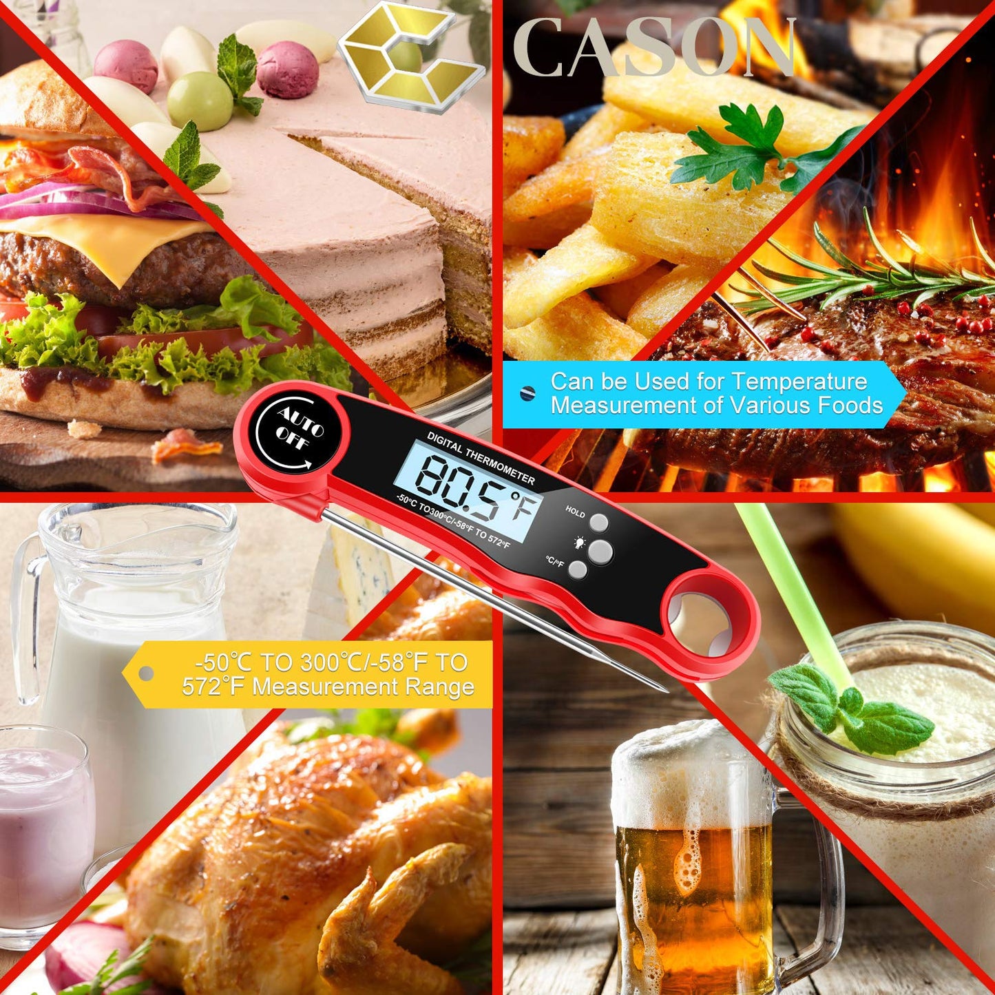 CASON (DEVICE OF C) Plastic -ABS Proffesional Waterproof Digital Lcd Cooking Food Thermometer/Kitchen Thermometer For Cooking Bbq/Barbeque Thermometer Temperature Test Pen (Red), ABS