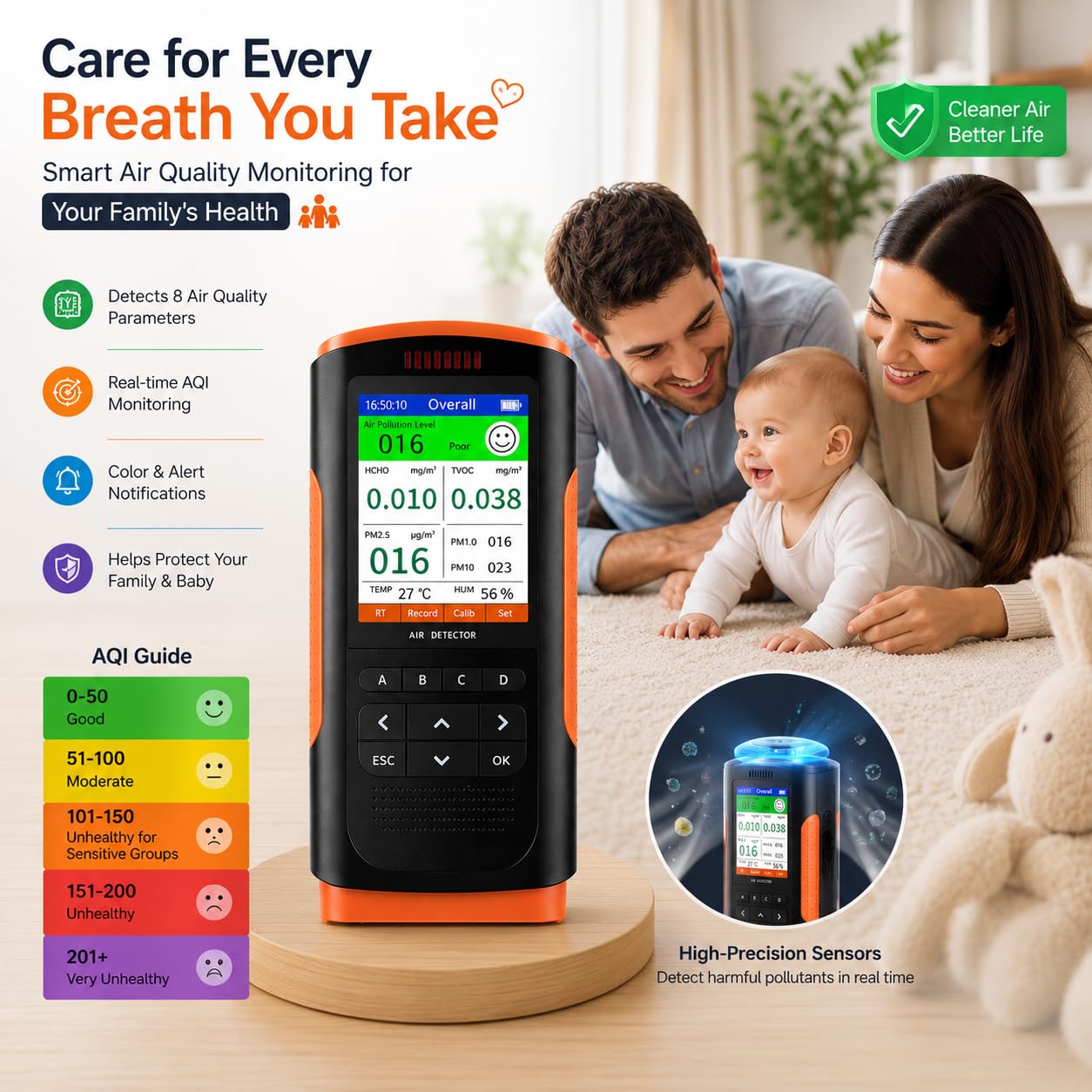 Cason Digital Air Quality Monitor for Home with App, AQI Meter with Real-Time PM2.5 Sensor, Temperature & Humidity Display, Indoor Air Quality Meter, Pollution Measuring Device