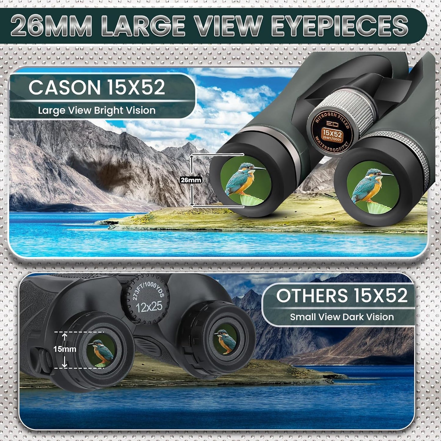 Cason ED Glass- 15 X 52 Binoculars for Long Distance,Binoculars for Bird Watching,Wildlife with Phone Adapter | Mettalic Knobs | Nitrogen Filled | Range 3000 Meter | BAK 4 Glass (Green)