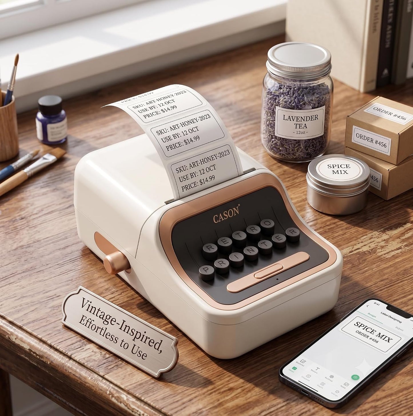 CASON Mini Label Printer Machine | Vintage Thermal Label Maker for Home, Office, Storage, Packaging & Small Business, Bottle Label Machine,30-52mm Label Adjustable Paper