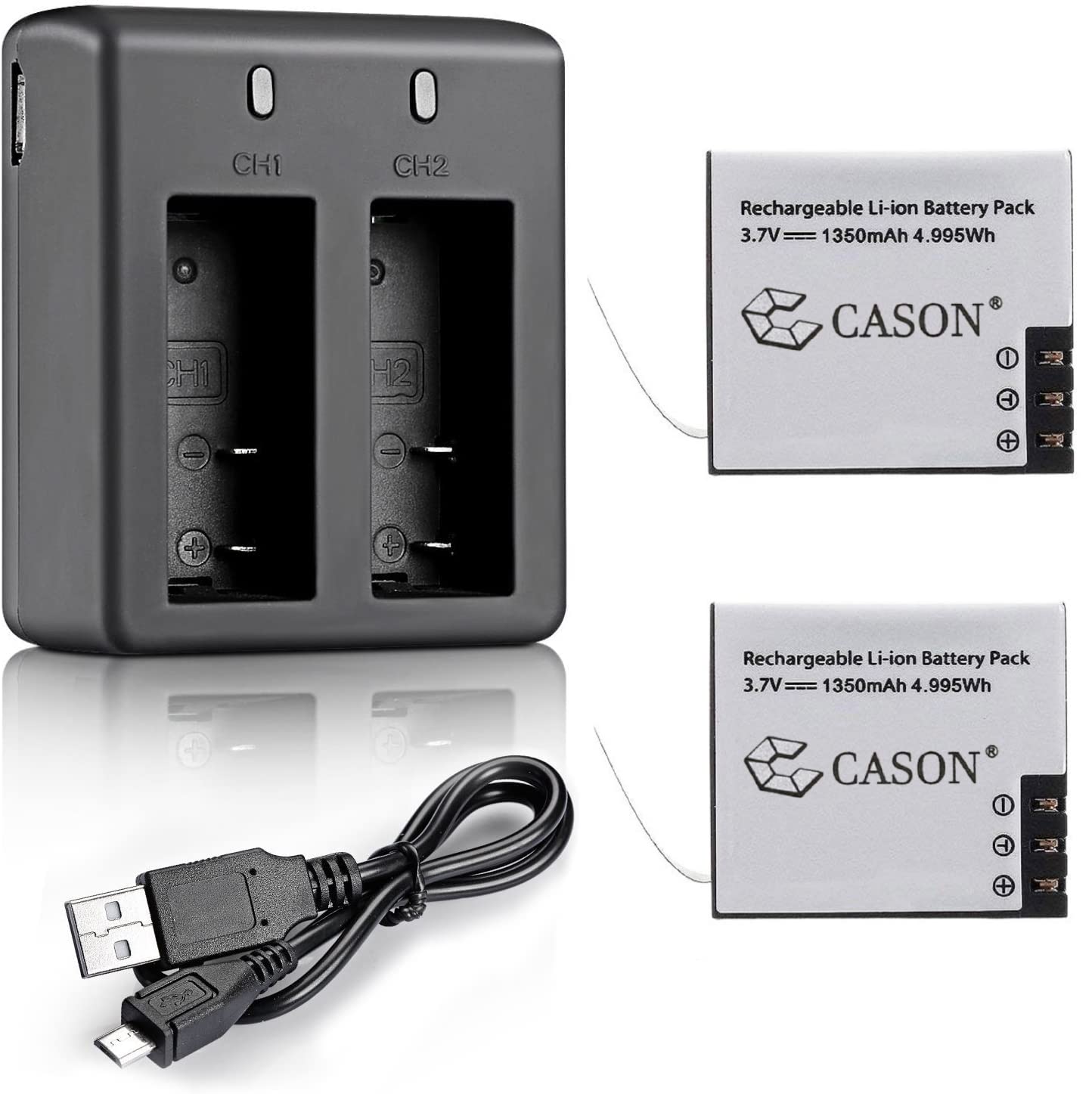 Cason - 2 x 1350 mAh Li-ion Rechargeable Batteries with Dual Charger StationAction Camera Accessories