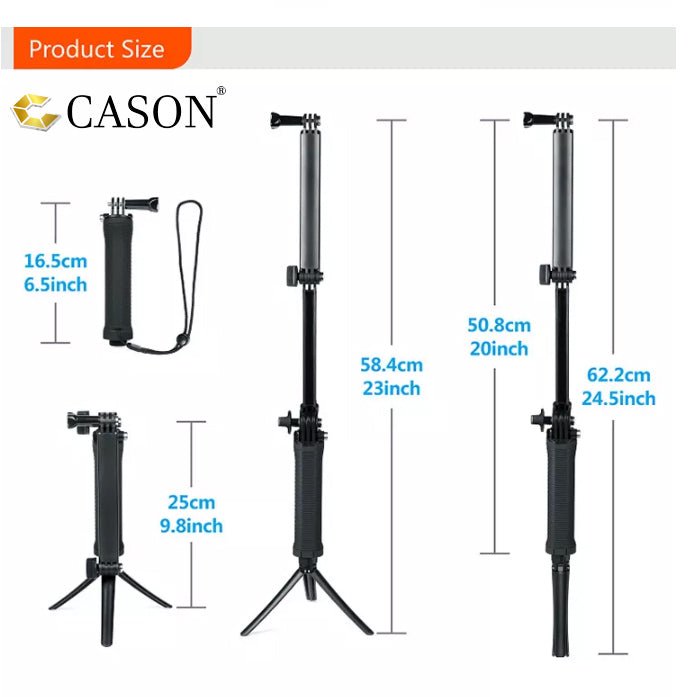 Cason -Tripod for Action Camera 3-Way Monopod Grip Foldable Selfie Stick